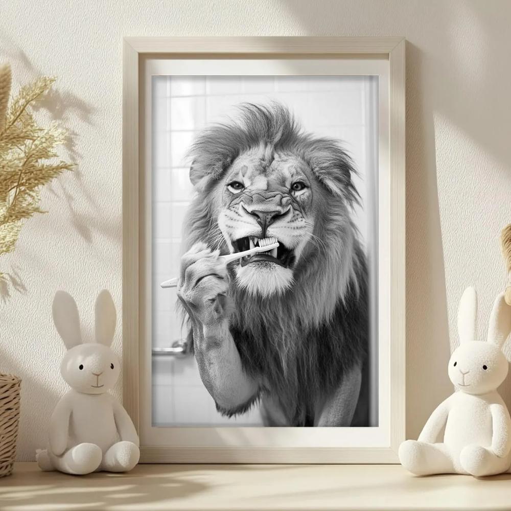 Brushing Teeth Animal Art Poster Lion Monkey Horse Rabbit Dog Cat Eagle Funny Bathroom Wall Stickers Bathroom Animals Home Decor