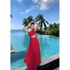 Pure Casual Design Slanted Shoulder Suspender Hollow Waist Dress Seaside Vacation Atmosphere Thin Dress