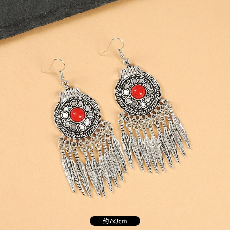 Vintage Miao Silver Fringed Earrings with Turquoise Long Indian Bohemian Earrings Exotic Earrings