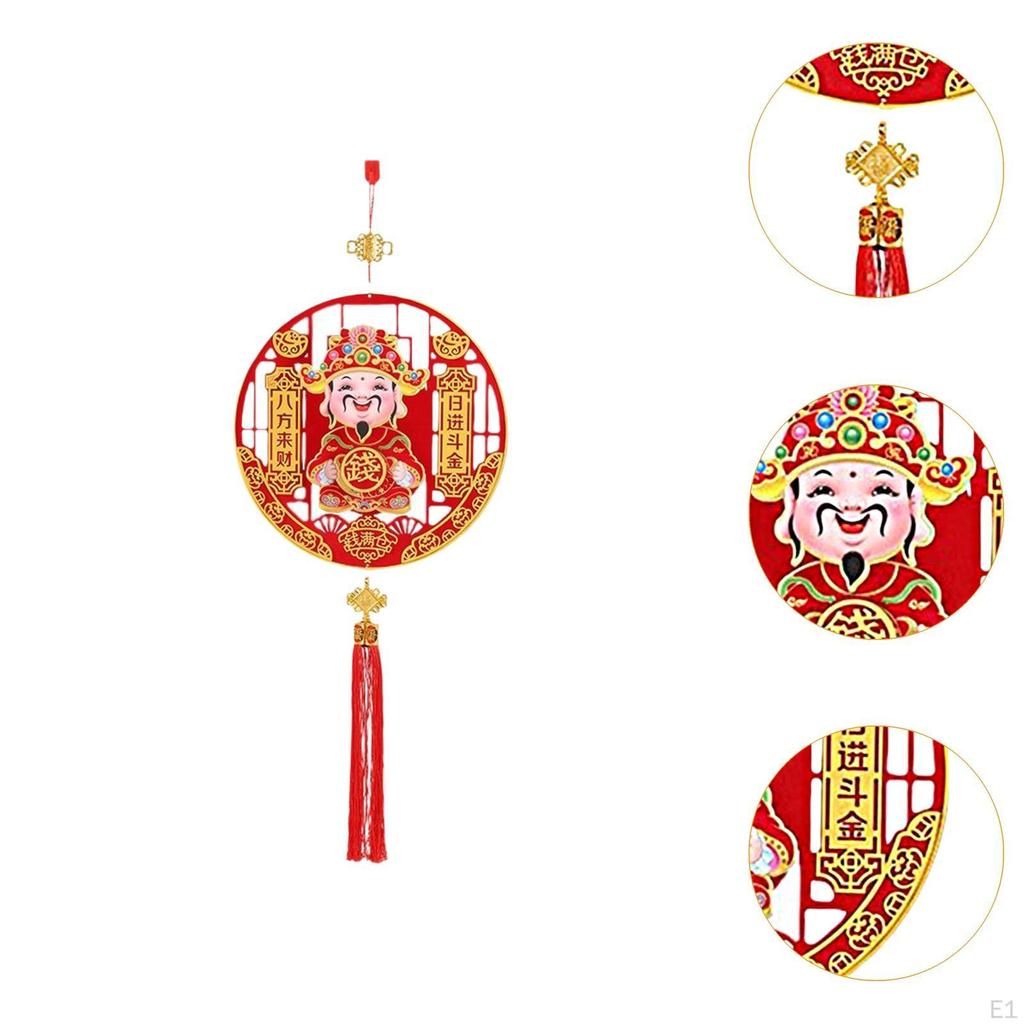 Rotating Chinese Wealth God Hanging Decoration with Red Tassel Traditional Spring Festival Decor for