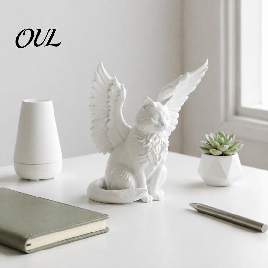 Healing Home Decor Angel Cat Desk Ornament, Matte White 3D Printing Figurine, Minimalist Unique Lover Gifts Winged Sculpture for Office Shelf