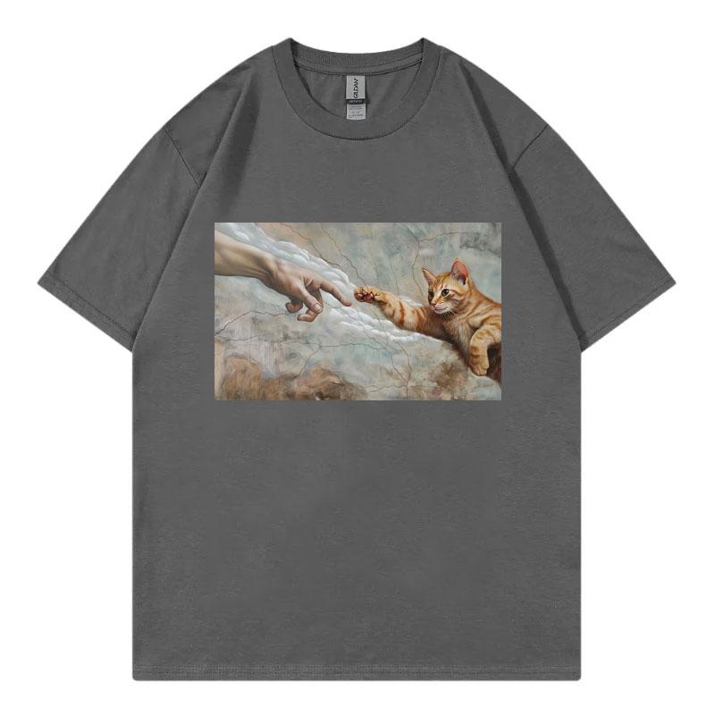 Funny Cat God Creation Of Adam Meme Tshirt Unisex Unisex Summer 100cotton T Shirt Casual Fashion Short Sleeve Tshirts Streetwear