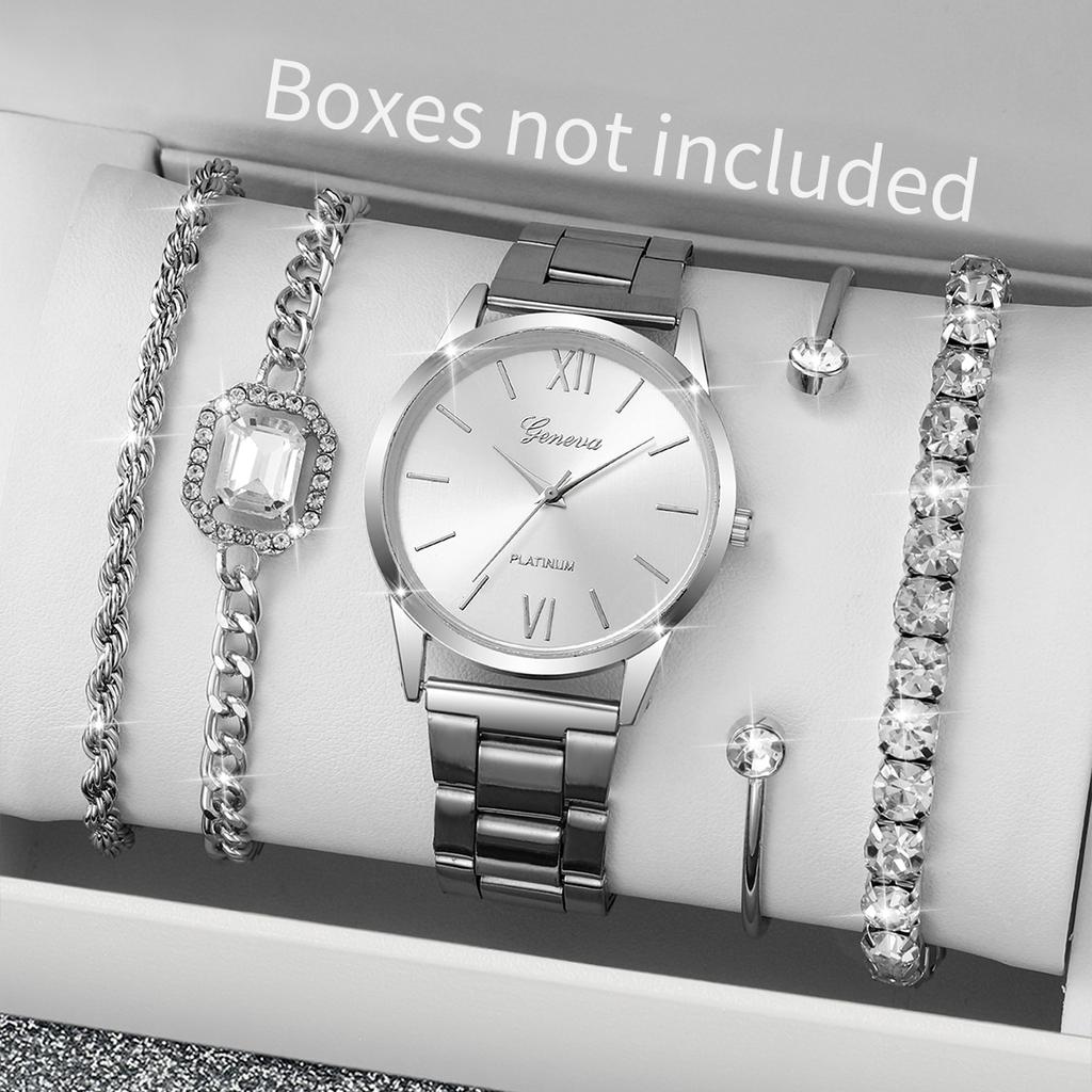 5 шт./набор Женские роскошные часы Тренд Простые элегантные кварцевые аналоговые часы Инкрустированный бриллиантами браслет(Коробка не входит в комплект)