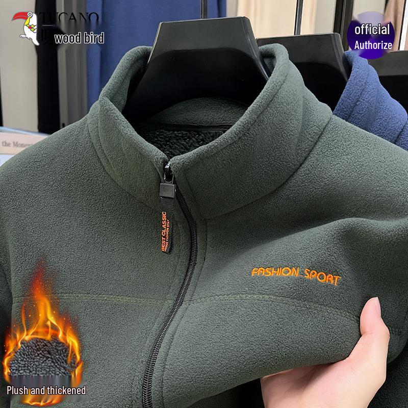 Woodpecker Men's Winter Polar Fleece Stand Collar Hoodie Double-Sided Berber Fleece Shell Jacket
