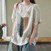 Women's Retro Casual Loose Cotton Linen T-shirts Large Size Printed Tops Summer Round Neck Short Sleeves T-shirt