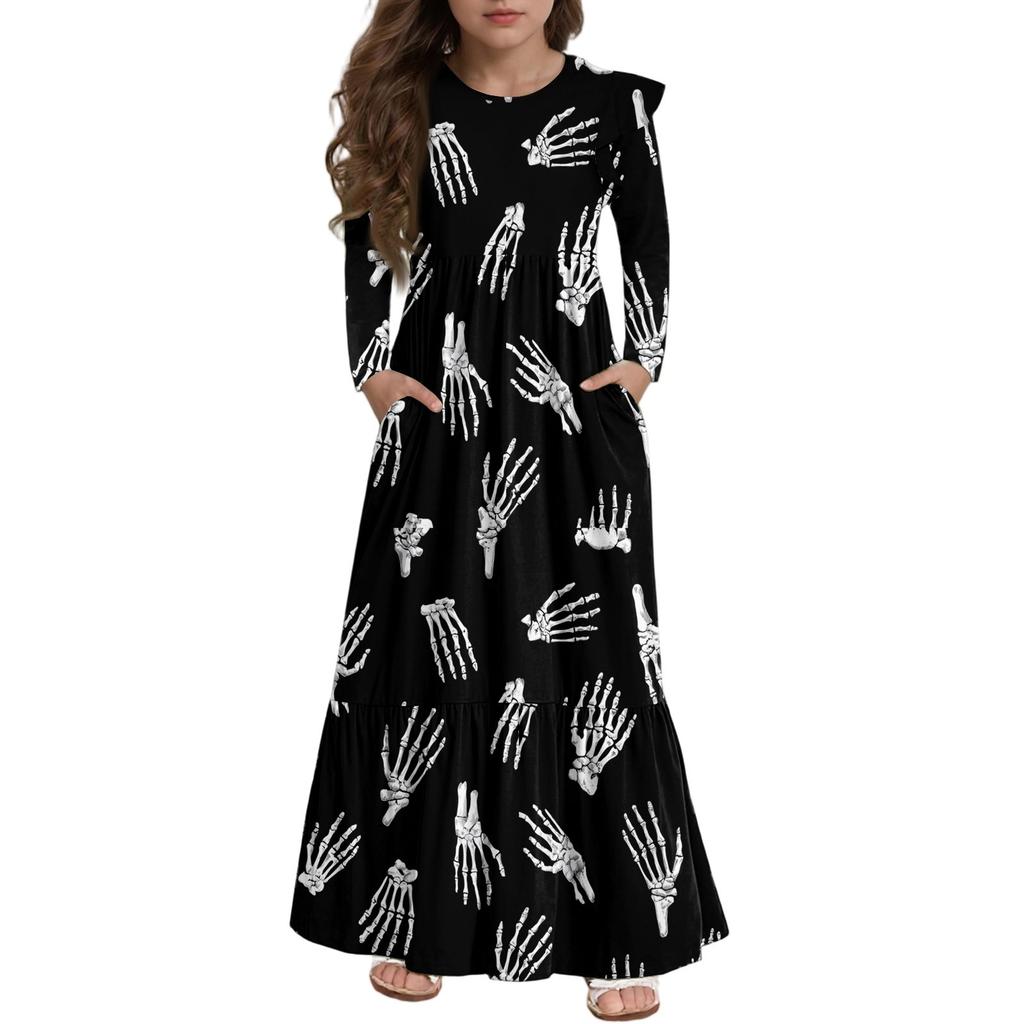 Платье с многоярусными оборками для девочек на Хэллоуин - Макси с длинным рукавом и принтом, с карманами