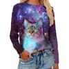 Tops For Women 3D Multicolor Starry Cat Print Round Neck Long Sleeve T-shirt Fall Casual Women's Long Sleeve Top for Christmas
