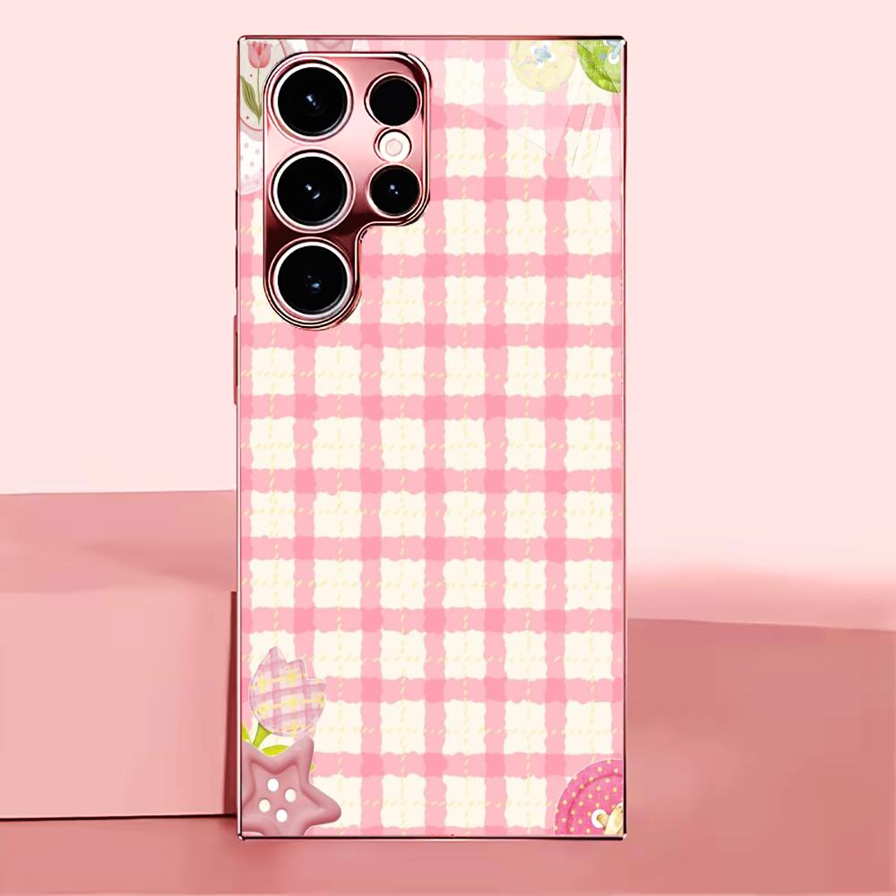 Новый Милый клетчатый чехол для телефона с рисунком девочки для Samsung Galaxy S26 S25 S24 S23 S22 FE Ultra Plus Встроенное стекло ощущение голого телефона Мужчины женщины