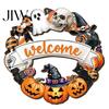 Seasonal Wall Art Black Cat Ghost Door Sign, Halloween Decorative Plaque, Wooden Hanging Scary Signs Vintage Rustic Decor with Jute Rope, Sign