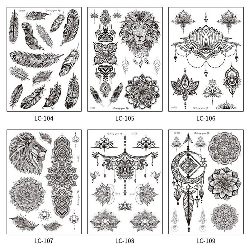 Мандала цветок временные татуировки наклейки ключицы руки назад тела ретро черные одноразовые поддельные татуировки водостойкие для сексуальных женщин