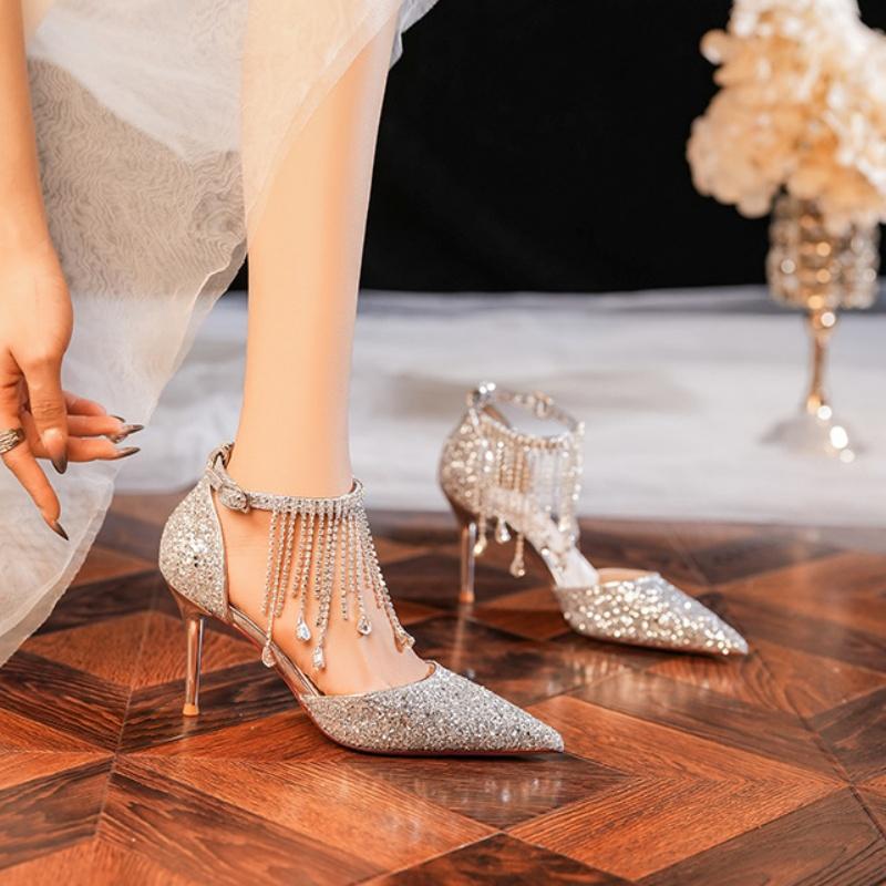 Xibeilove Летние Роскошные Женские Туфли Глиттер Стразы Кисточка Серебристый Шампань Высокий Каблук Сандалии Вечернее Платье Свадебная Обувь