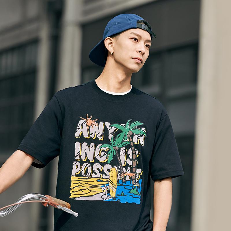 Li-Ning Прохладный и дышащий круглый вырез свитера с принтом букв удобный короткий рукав футболка мужские топы черный AHSU707-1