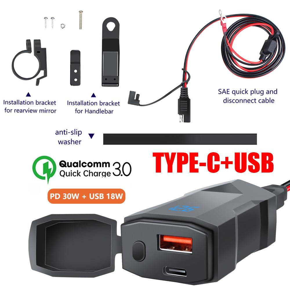 PD+QC3.0 Мотоциклетное USB Быстрое Сотовое Зарядное Устройство Руль Тип C Порт Разъем С Цифровым Вольтметром Зарядка