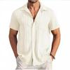 Men's Fashion Summer Solid Striped T-shirt Loose Casaul Top Buttoned Short Sleeve Turn Down Collar Shirt