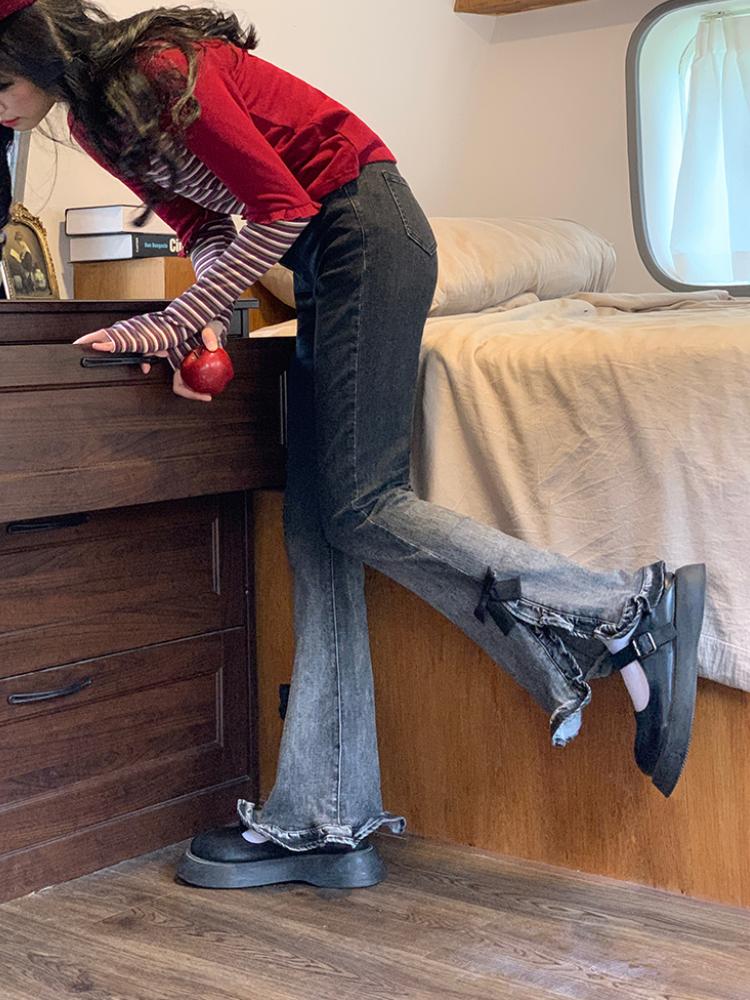 Denim Vintage Contrast Color Flare Pants Women Japanese Sweet Bow Elegant Jeans Female Korean Style Open Fork Casual Jeans 2024