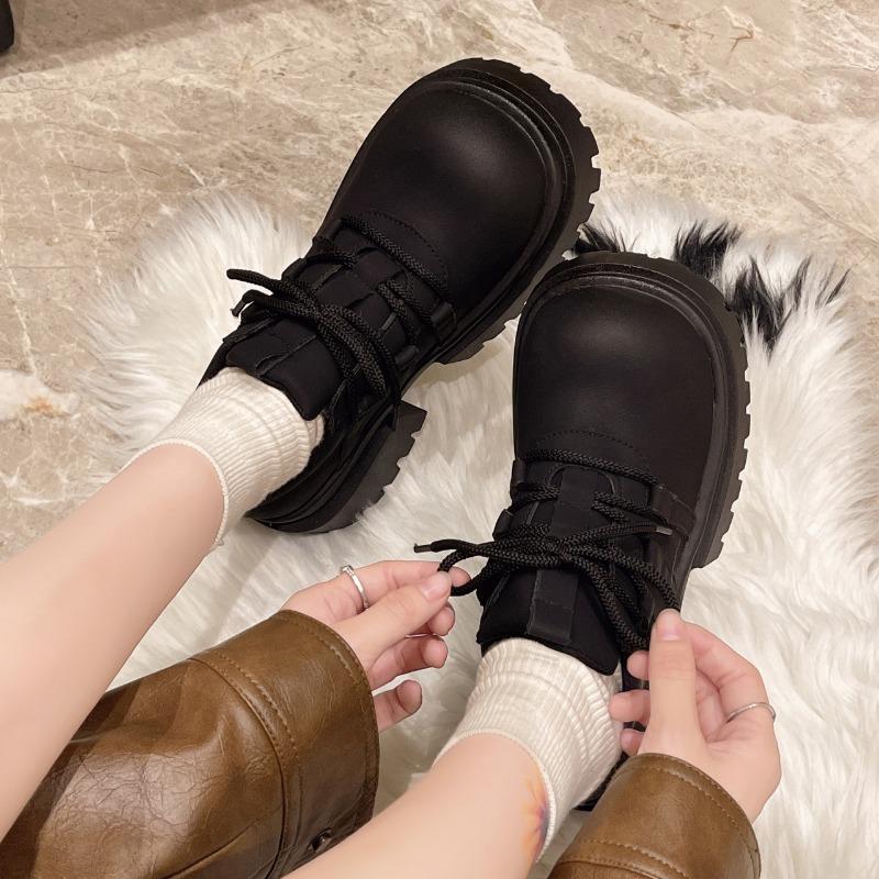 Мода 2024 Осенняя мода Новые женские однотонные повседневные туфли на шнуровке с круглым носком на высоком каблуке и низким верхом