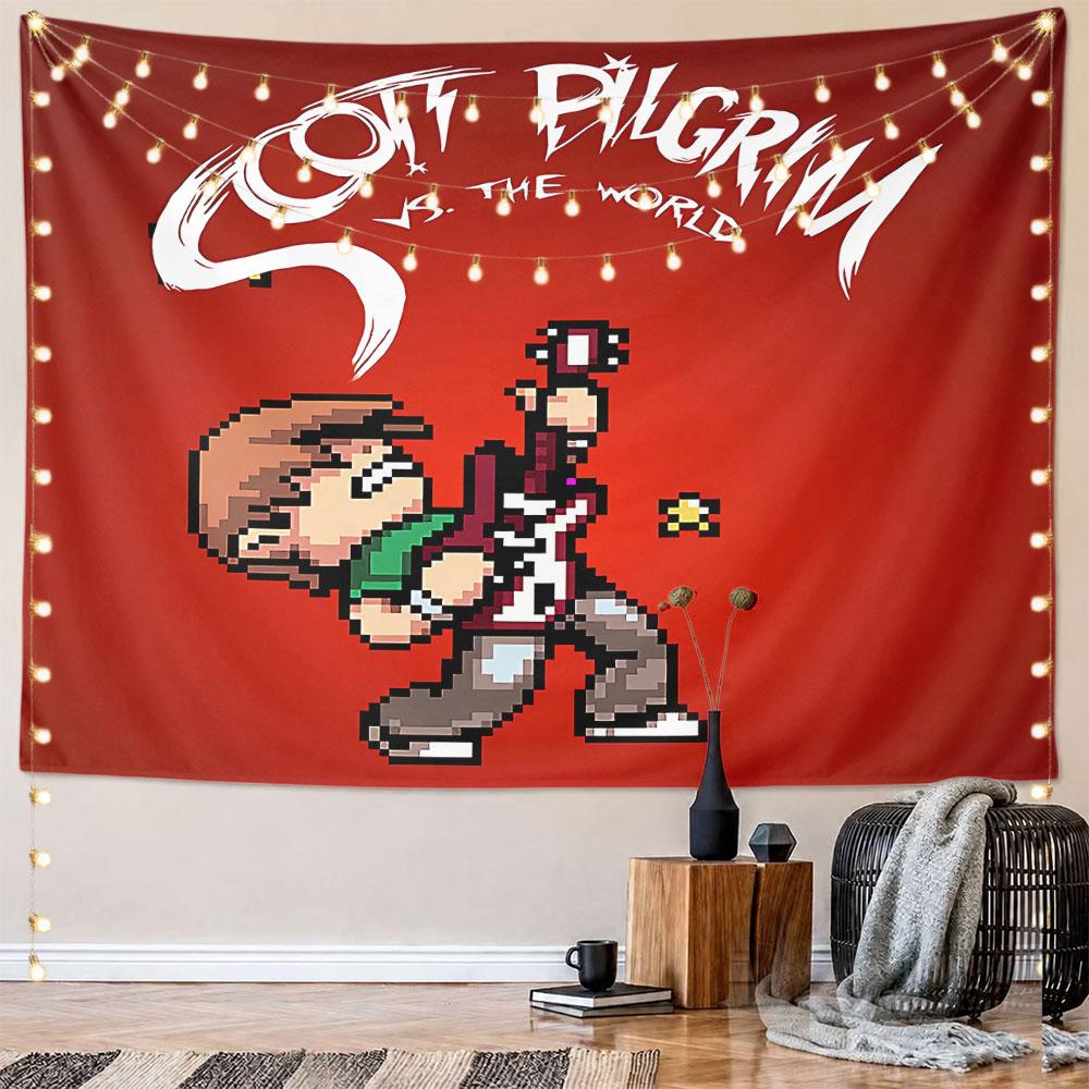 Pixelated character with a guitar on a red background and bold text. Patterned tapestry for bedroom and living room home decor