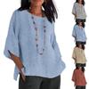 Ladies Fashion Round Neck Cotton Linen Solid Color Loose Top T-shirt