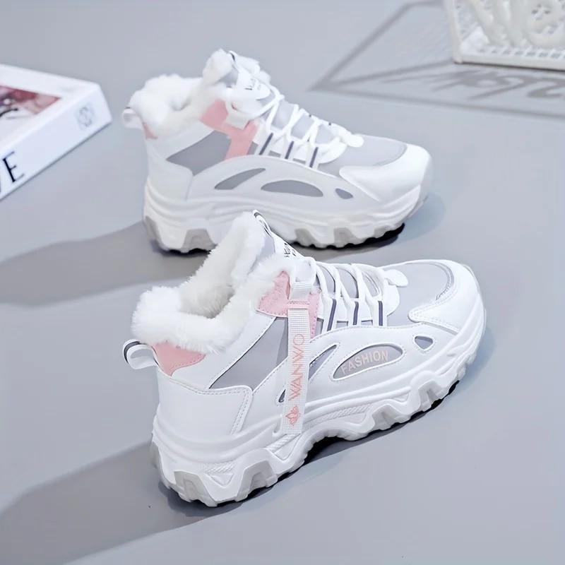 Women High Top Plush Inner Winter Athletic Sneakers Lace-up Thick Soled Fashion Platform Sneakers Non-slip Versatile Snow Shoe