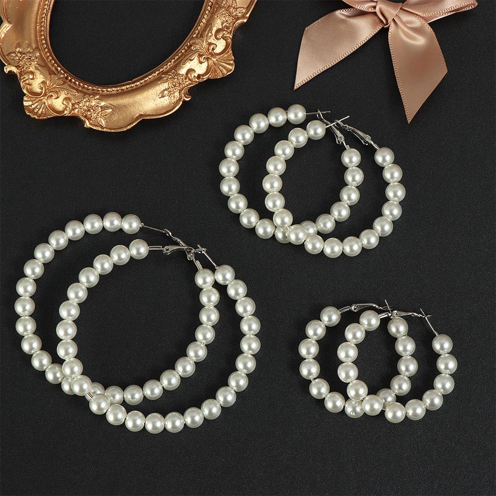 Women Wedding Engagement Fashion Round Shape Pearl Hoop Earrings Drop Dangle Ear Stud Elegant