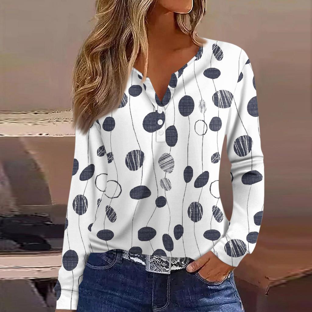 Жен. Футболка Футболка на пуговицах с длинным рукавом Повседневные Выходные Мода Классический Топ с v-образным вырезом Обычный