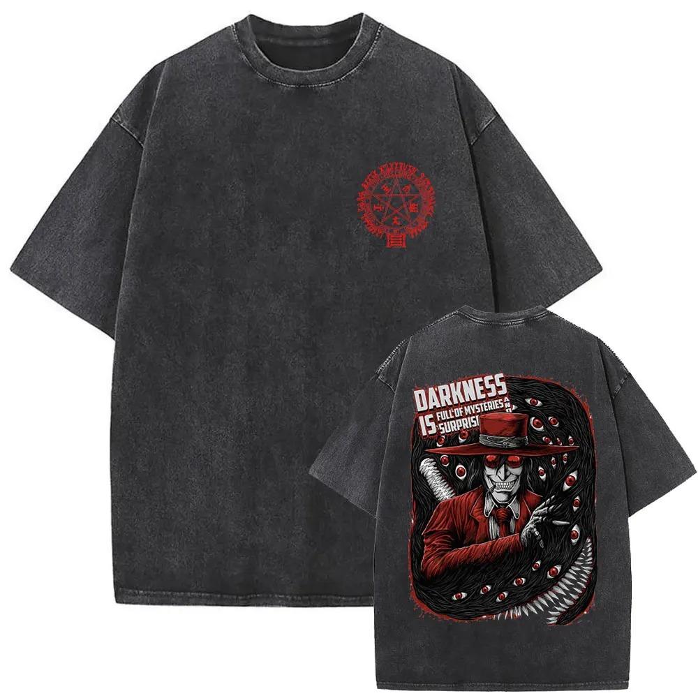 Hot Sale Anime Hellsing Abraham Van Helsing Vampire Alucard Print Tshirt Men Women Vintage Washed Cotton Summer Tee Oversize Top