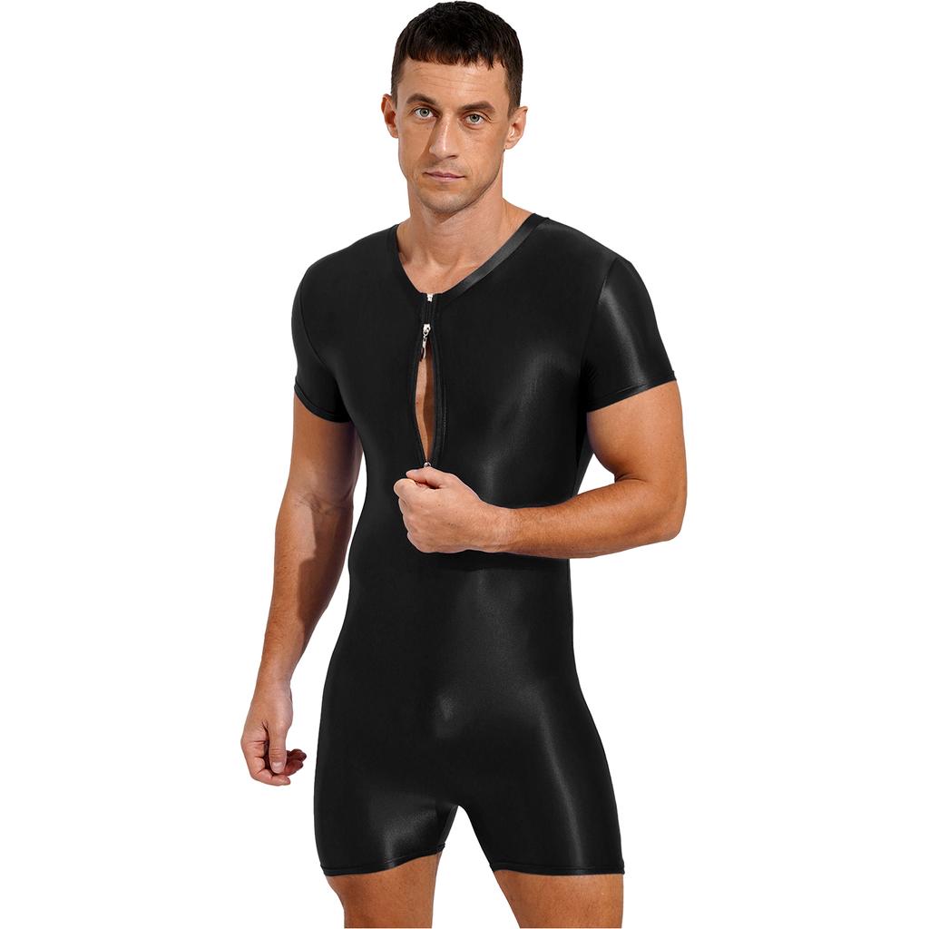Mens Short Sleeve Zipper Jumpsuit One-Piece Round Neck Bodysuit Swimwear for Swimming Bodybuilding Workout