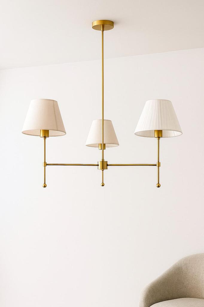 Elegant Brass Chandelier 3-Light Fabric Shade Hanging Light Fixture for Home Décor