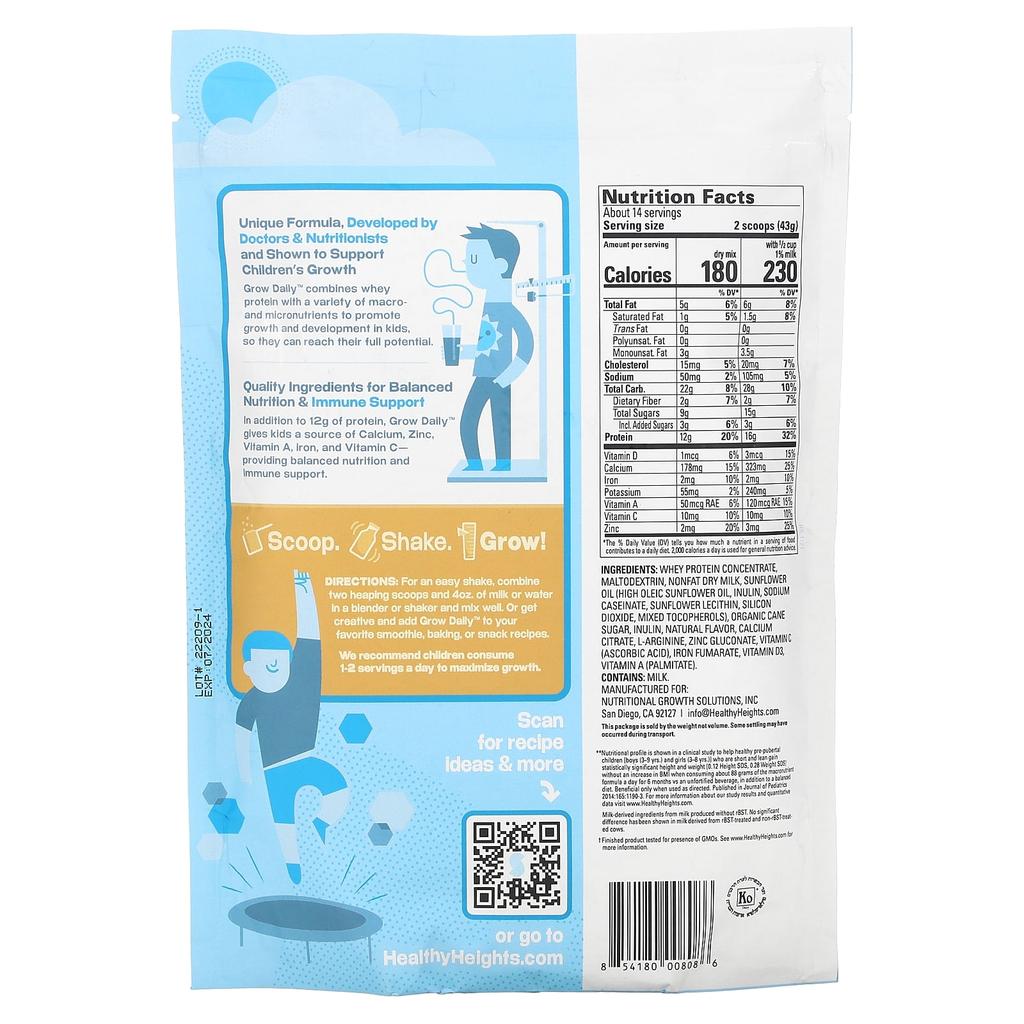 Grow Daily, Whey Protein & Nutrition Mix, For Children 3+, Vanilla, 616G (21.7Oz)