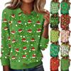 Women's Fashion Christmas Print Lapel Long Sleeve Casual Crewneck T-Shirt Top