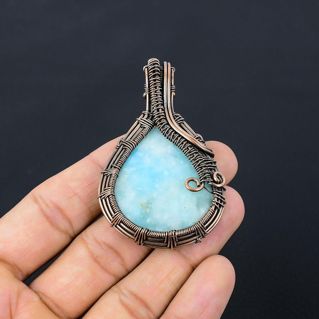 Beautiful Hemimorphite Gemstone Pure Copper Wire Wrapped Handmade Pendant Jewelry