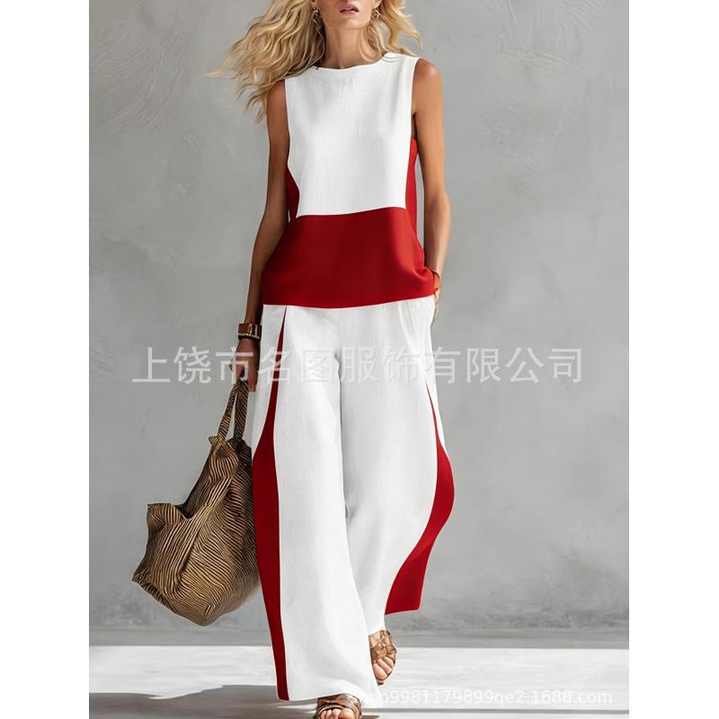 European, American Bohemian fashion contrasting colors 1D digital printing printing retro casual top set