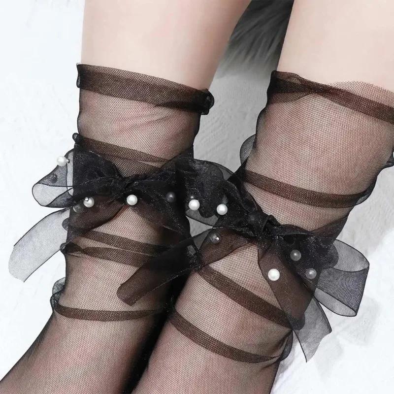 Summer Ultra-Thin Tulle Socks Women Transparent Pearls Long Socks Female Chiffon Lace Up Funny Socks Streetwear