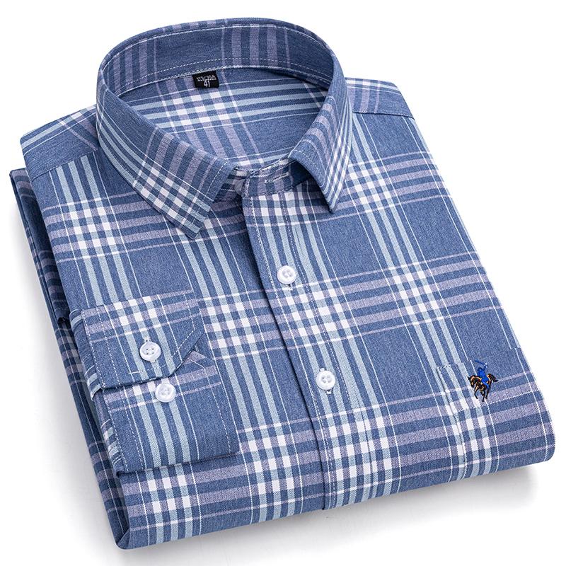 Рубашки из чистого хлопка в клетку для мужчин с длинным рукавом и логотипом, качественная официальная деловая мужская рубашка