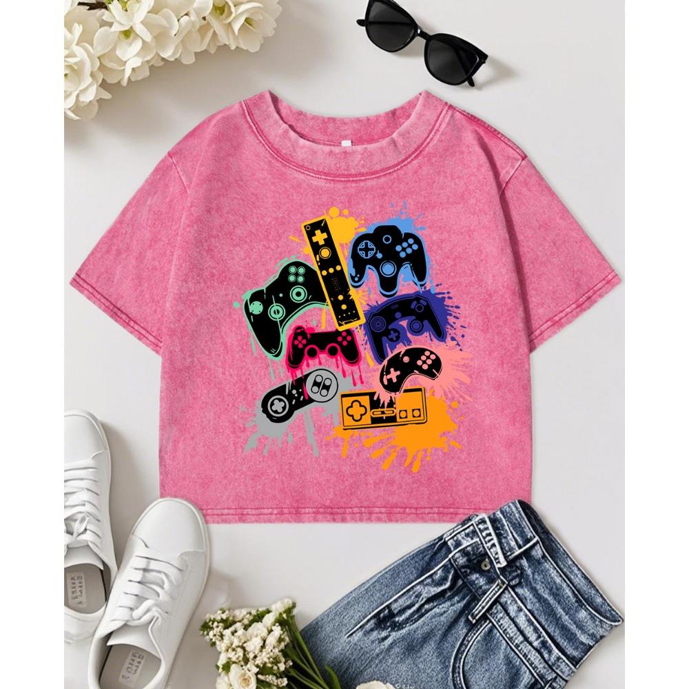 Женская хлопковая футболка с принтом граффити игровой консоли, вываренная, укороченная, модная, многоцветная одежда, мягкие топы на каждый день