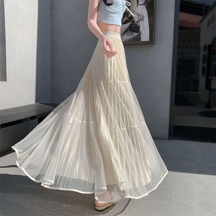 Cotton Blend Mesh Maxi Skirt With Pleats For Summer Casual Women