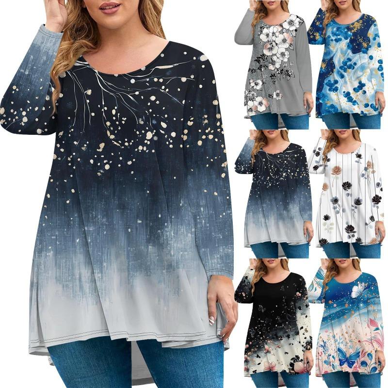 Женская мода большого размера с круглым вырезом и длинным рукавом, повседневный свободный пуловер с принтом, топ, футболки женские