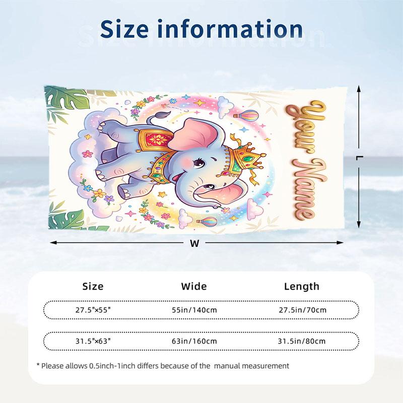 Elephant Theme Beach Towel Personalized Custom Name & Text Soft Quick Dry Beach Towel for Swimming Travel
