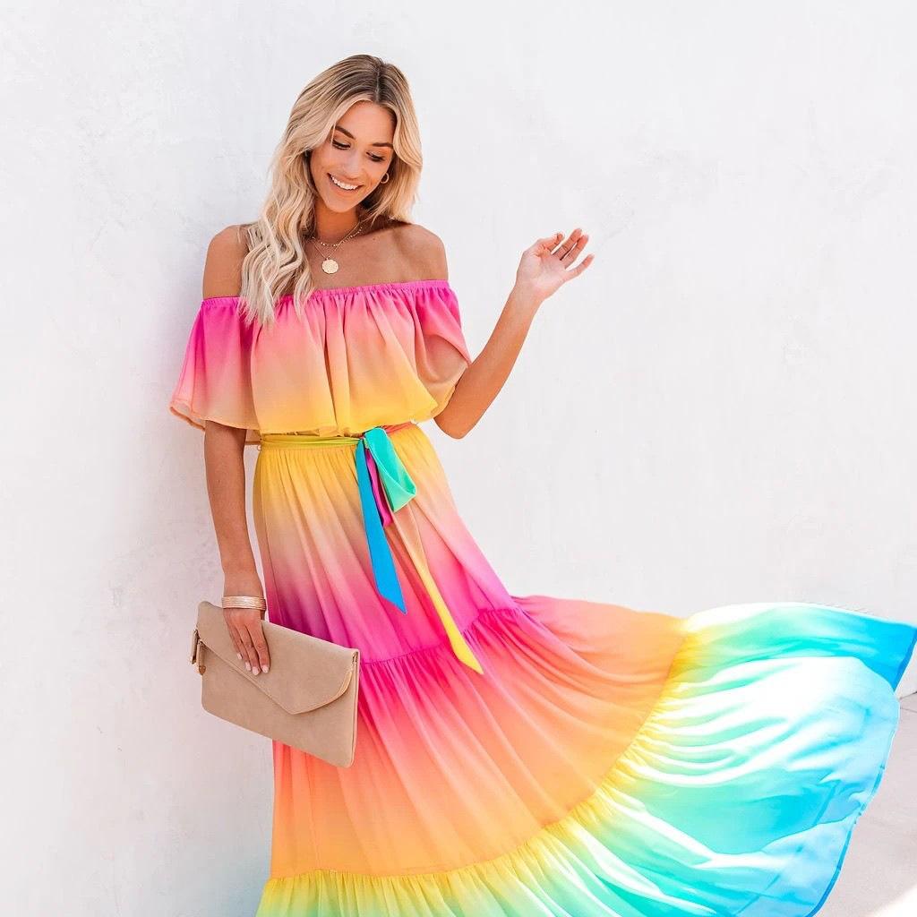 2025 New New Printed Long Dress Dress One-word Collar Dress