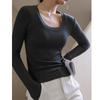 Women's Autumn Threaded Solid Color Large Round Neck Long Sleeve Bottom Slim Top