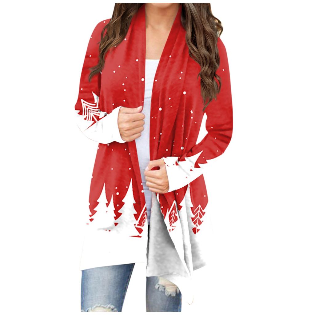Женская мода повседневное рождественский принт средней длины Slim Fit кардиган пальто