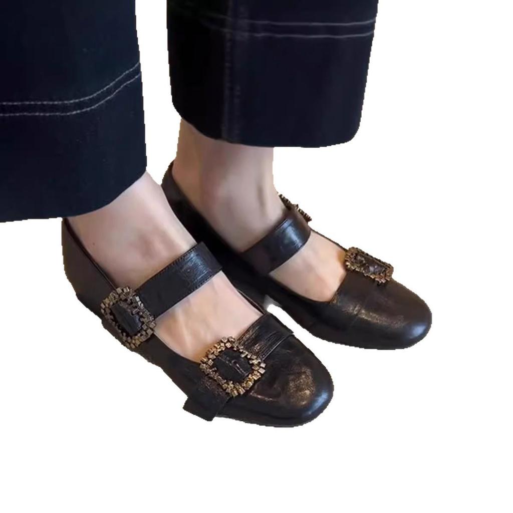 Blue Cabinet French Single Shoes Women's Flat Commuter Ballet Shoes Gentle Evening Shoes with Skirt One-word Buckle Mary Jane Shoes