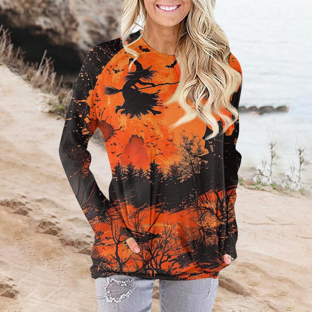 Женская модная повседневная футболка с круглым вырезом и принтом, длинными рукавами и карманами