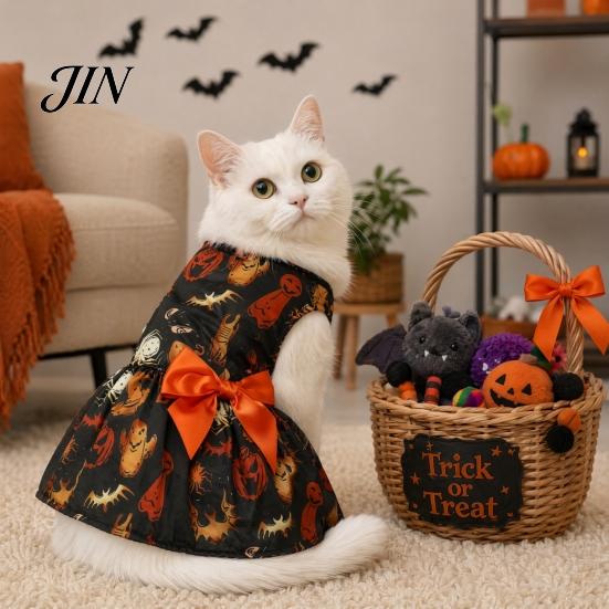 Dog Party Dress with Bow Funny Halloween Dress, Pumpkin Bat Spider Ghost Print Pet Festive Costume for Photos Apparel, Puppy Skirt Small Dogs,