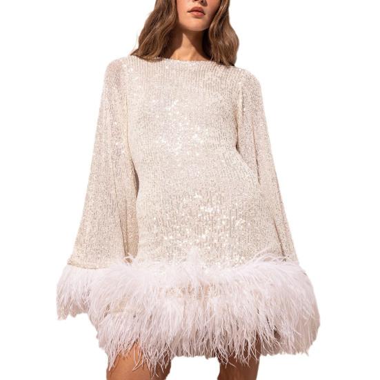 Женское вечернее платье с тонкой талией, пайетками и перьями, открытая спина, длинные рукава O