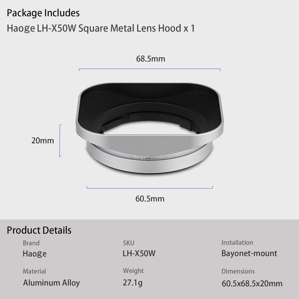Металлическая бленда Haoge Bayonet Square для объектива Fujifilm Fujinon XF 50mm F2 R WR LH-X50W X-Pro3 X-T5 X-T3 X-T50 X-T30 X-E4 X-M5 X-A20 X-E3 X-H2