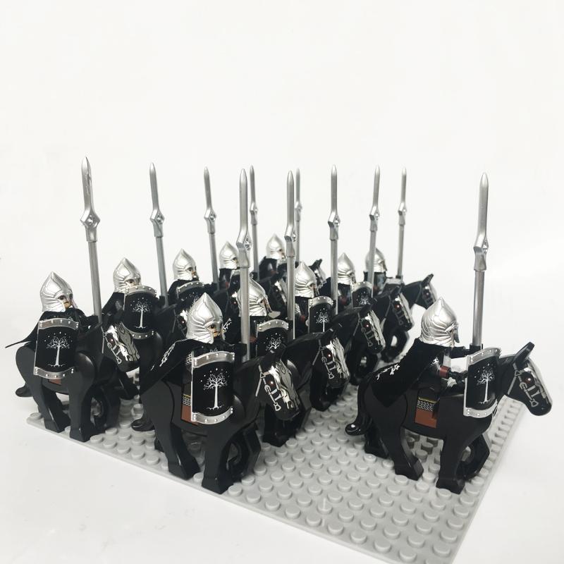 Medieval Knights Castle Cavalry Rohan Soldiers Guard Army Lotr Cavalier With Weapon Armor Helmet Shield and Horse Figure Blocks