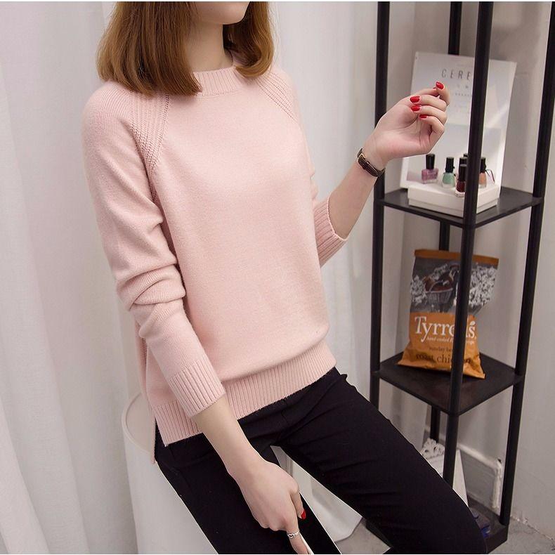 Женский осенне-зимний свитер, женский свободный корейский вариант, однотонный, с длинными рукавами, базовый свитер, пуловер, круглый вырез, вязаный свитер, топ