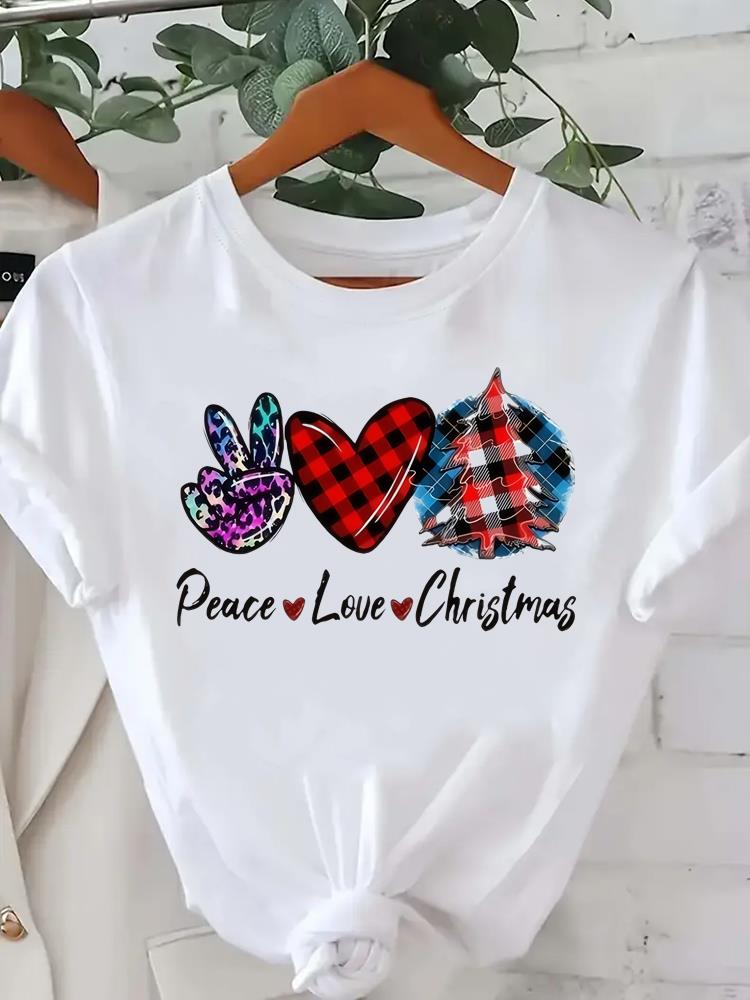 (Asian Size) Tree Lovely Style Cute New Year Tee Merry Christmas Festival O-neck Clothing Women's Top T Print Fashion Ladies Graphic T-shirts