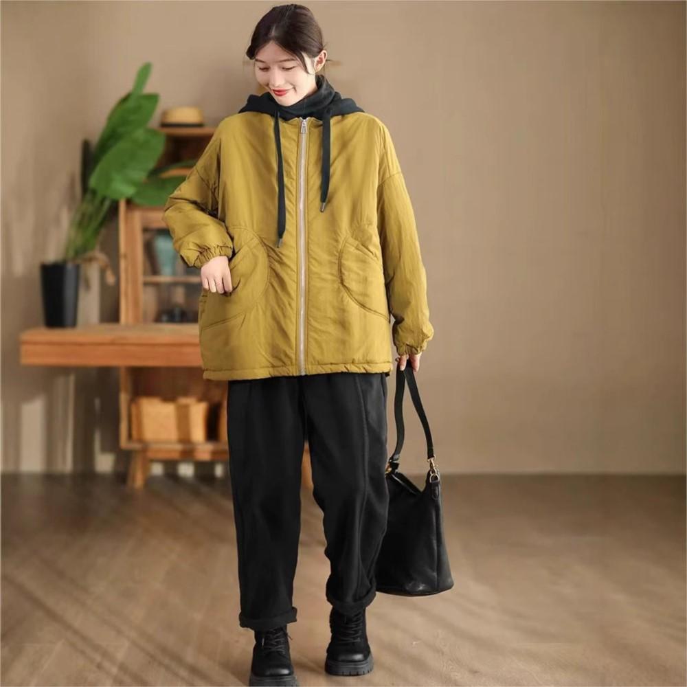 Johnature Женские винтажные зимние куртки с капюшоном на молнии однотонные с длинным рукавом и карманами повседневные